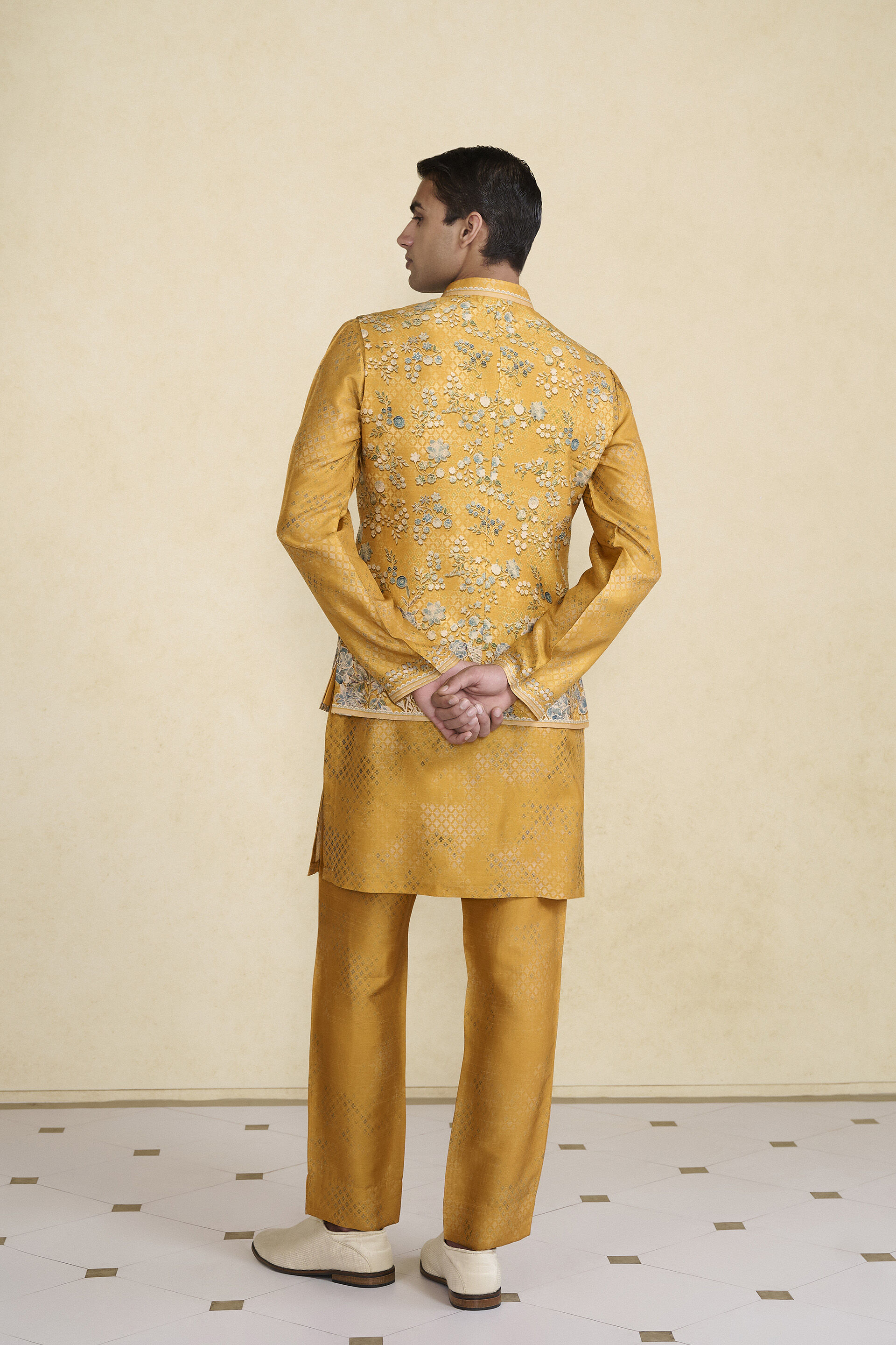 Zarghun Printed Silk Nehru Jacket - Mustard